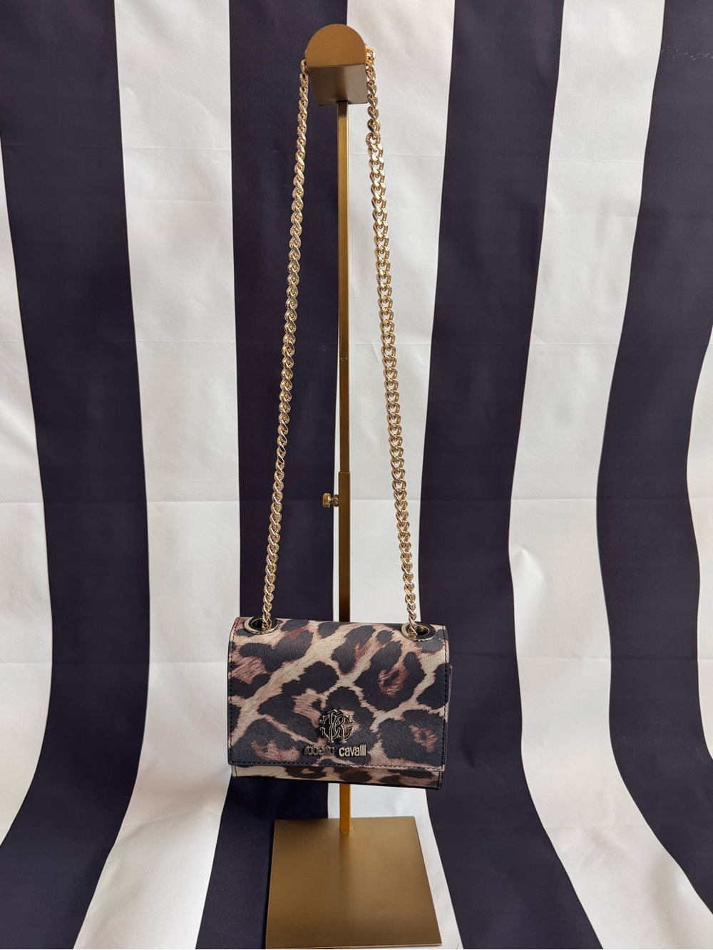 Roberto Cavalli Leopard-Print Crossbody in Brown and Black with Gold Chain